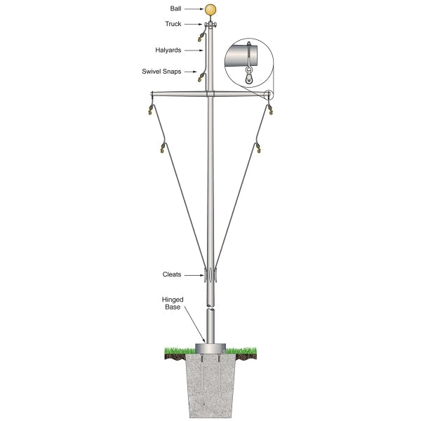 25' Nautical Flagpole w/Yardarm Hinged Base White Fiberglass