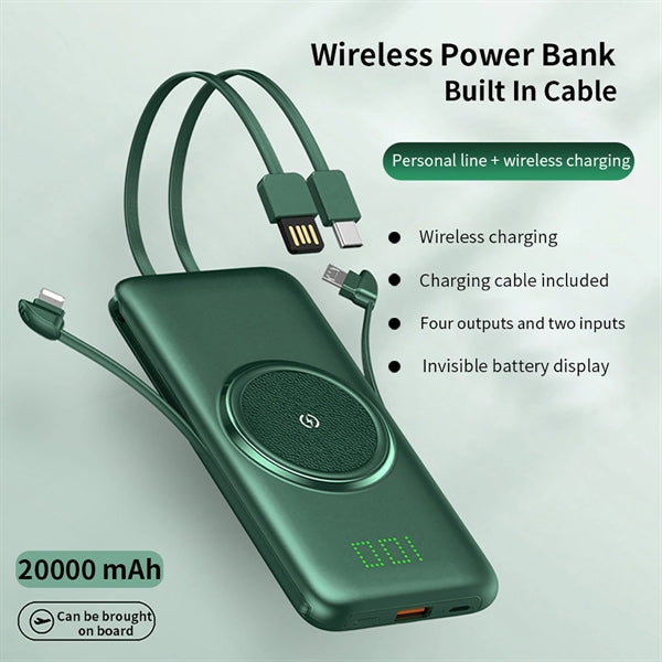 20000Mah Qi Wireless Charger Power Bank Built In Cables