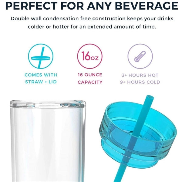 16Oz Double Wall Skinny Acrylic Tumbler With Lid And Straw