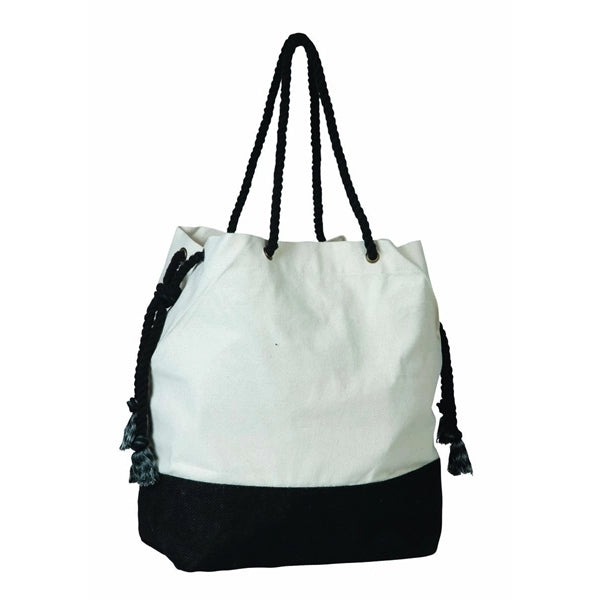 Two Tone Jute/Cotton Drawstring Tote Bag (19 x 15.5 x 6)
