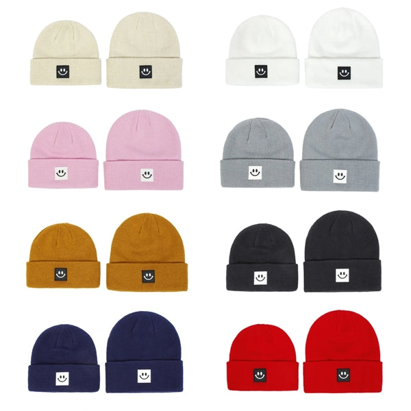 Kids Short Watch Cap Knit Beanie With Smiley Face Label