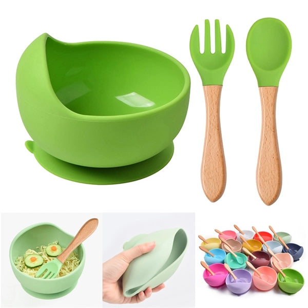 Baby Silicone Bowl Set With Wooden Handle Spoon & Fork