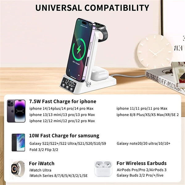 4 in 1 Wireless Charging Station Charger with Alarm Clock