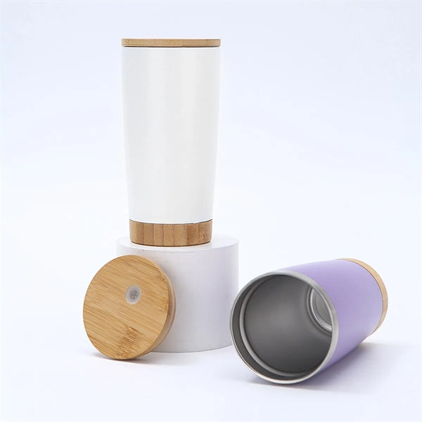 20 Oz Double Wall Thermal Cup With Bamboo Wooden Lid Base