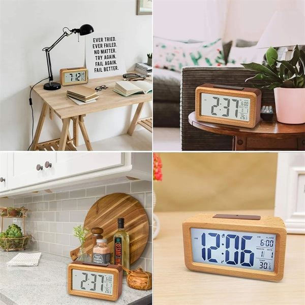 Bamboo Wooden LCD Alarm Digital Clock With Night Light Temp