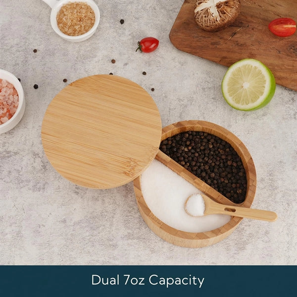 Bamboo Salt And Pepper Bowl Box Container Built-In Spoon
