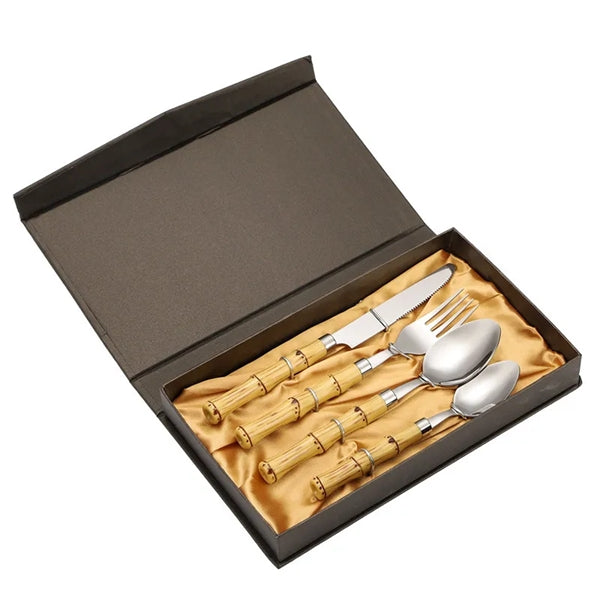 4 Piece Bamboo Stainless Steel Cutlery Gold Flatware Sets