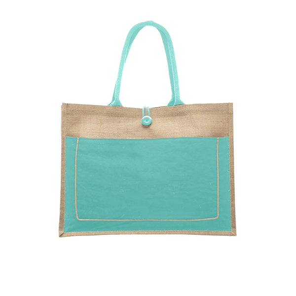 Two Tone Jute Tote Bag W/ Front Pocket & Colored Handles