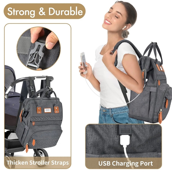 Diaper Bag with Portable Changing Pad and USB Charging Port