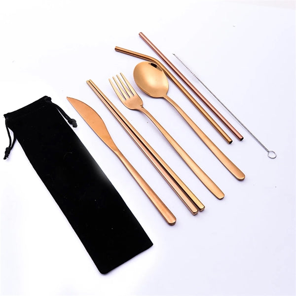 Portable Stainless Steel 7-Pieces Flatware Set with Pouch