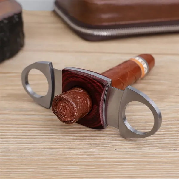 Stainless Steel Red Wood Double Cut Blade Cigar Cutter