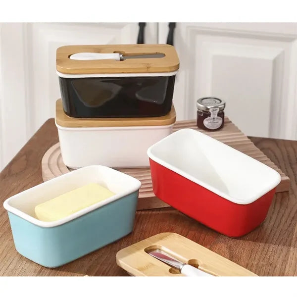 Kitchen Ceramic Butter Dish with Bamboo Lid & Knife