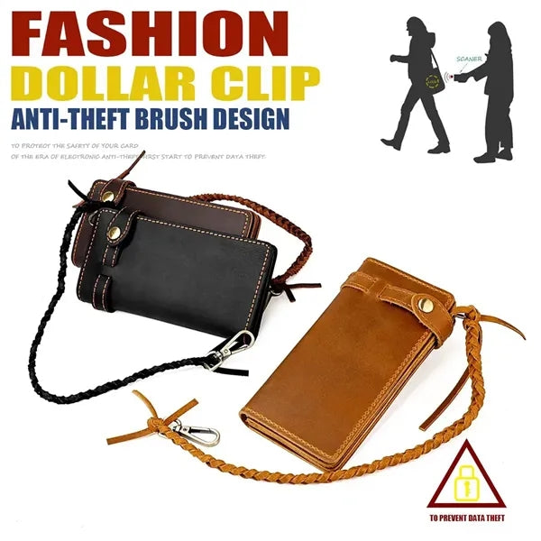 Leather Bifold Wallet with Anti-theft Chain