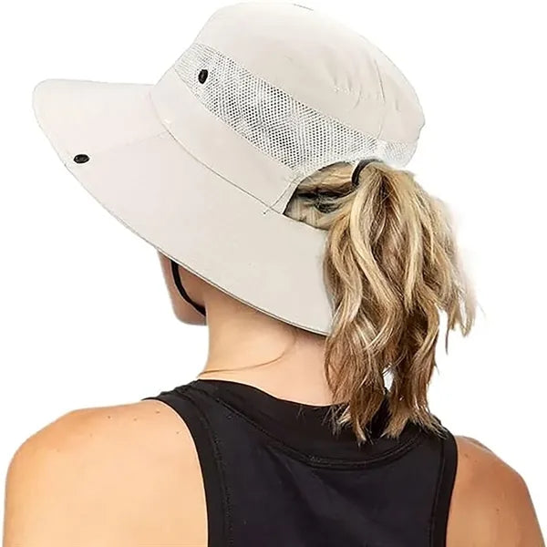 Wide-Brim Outdoor Beach Sun Hat with Ponytail-Hole