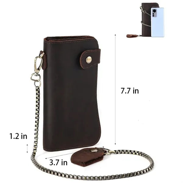 Crazy Horse Leather RFID Blocking Biker Wallets with Chain