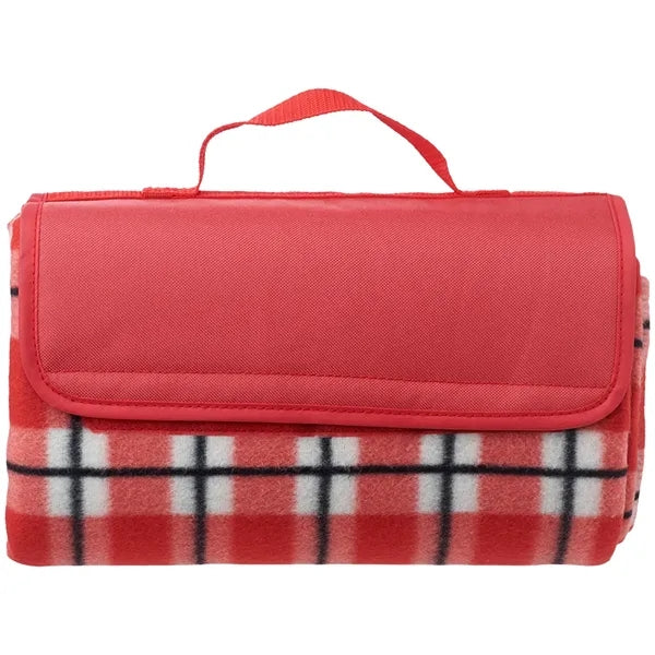 Fleece Blanket w/ Grid Pattern Design & Woven Handle Roll Up