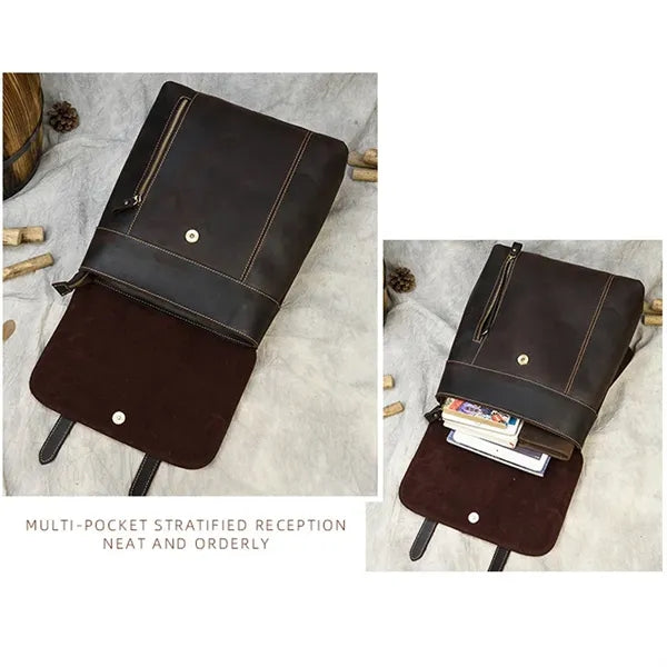 Genuine Leather Flip Cover Vintage Business Laptop Backpack