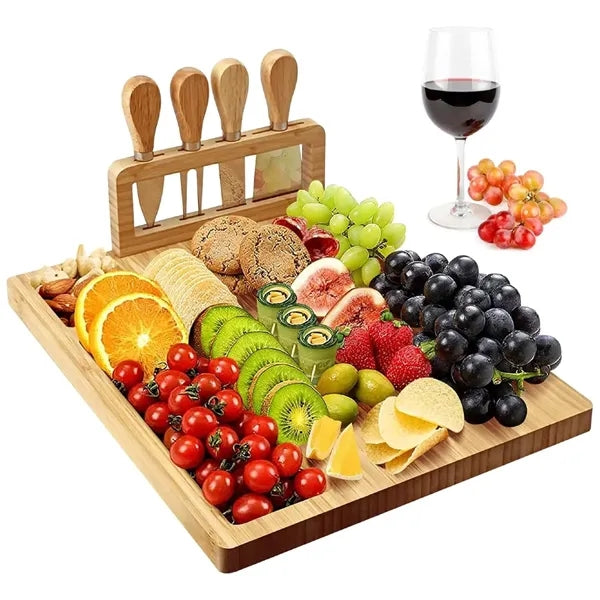 Bamboo Cheese Board Plates And Knife Charcuterie Platter Set