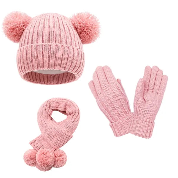 Kids' Winter Pom-Pom Hat, Scarf & Gloves Set