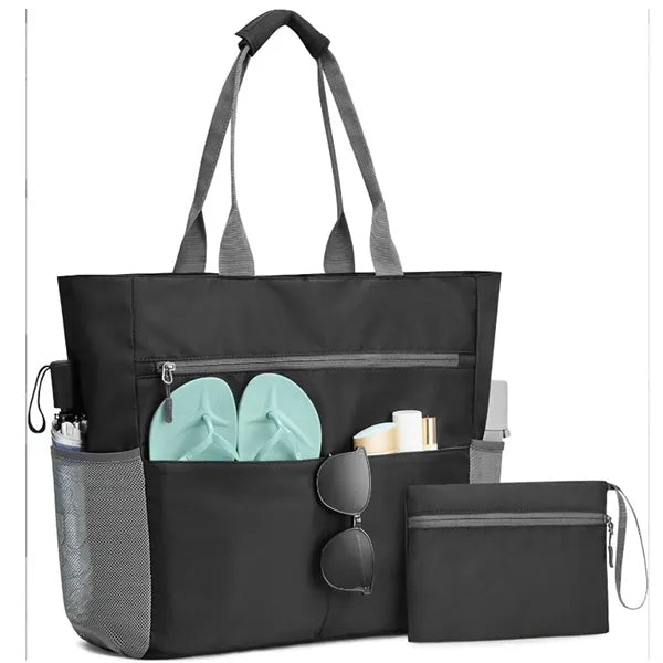 Large Waterproof Beach Tote Bag With Zipper Pouch Pockets