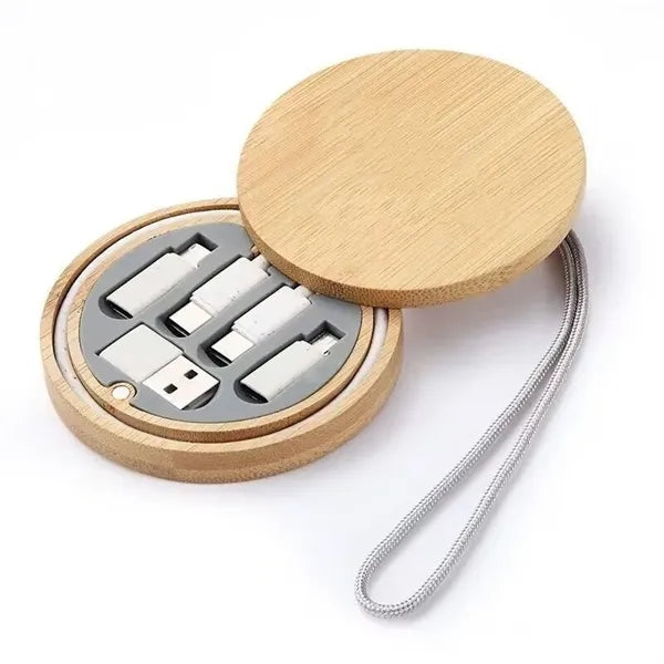 Round Bamboo Multi USB Charging Adapter Cable Kit