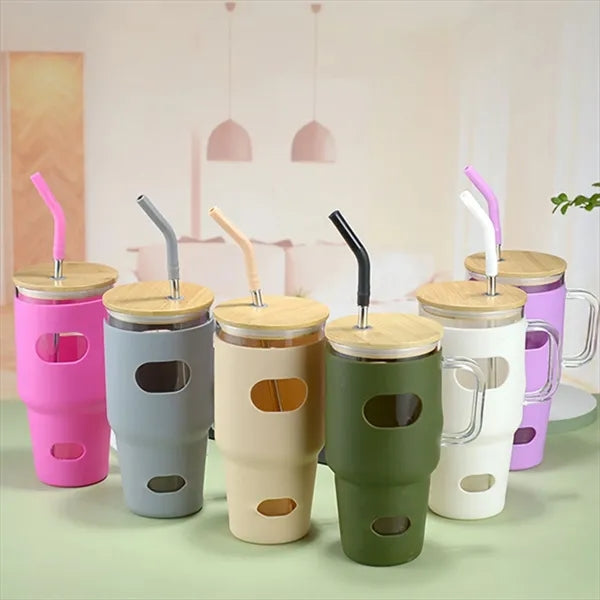32oz Glass Straw Tumbler With Silicone Sleeve And Bamboo Lid