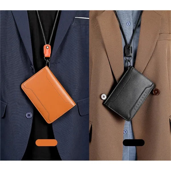 Multi-Compartment Luxury Leather Passport Wallet w/ Lanyard