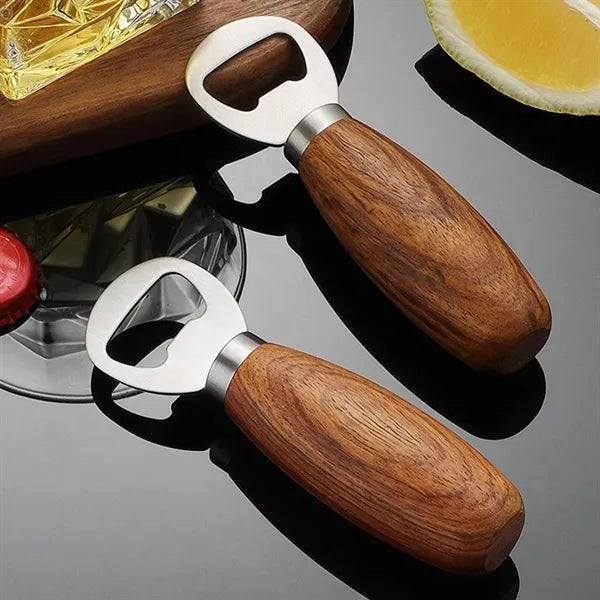Compact Wooden Handle Bottle Opener Stainless Steel Head