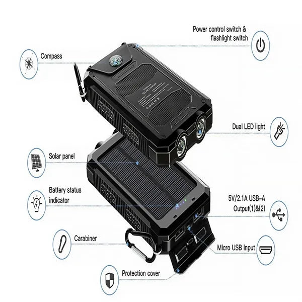 Solar Power Bank 20000mAh Fast Charge IP65 Waterproof 3Mode