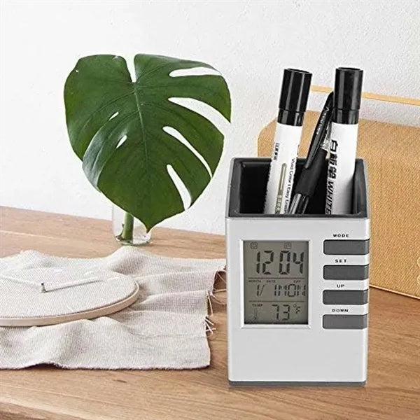 Desk decor perpetual calendar alarm clock pen holder