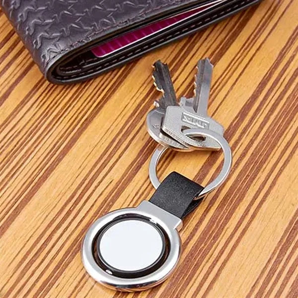 Round Metal Keychain with Leather Strap