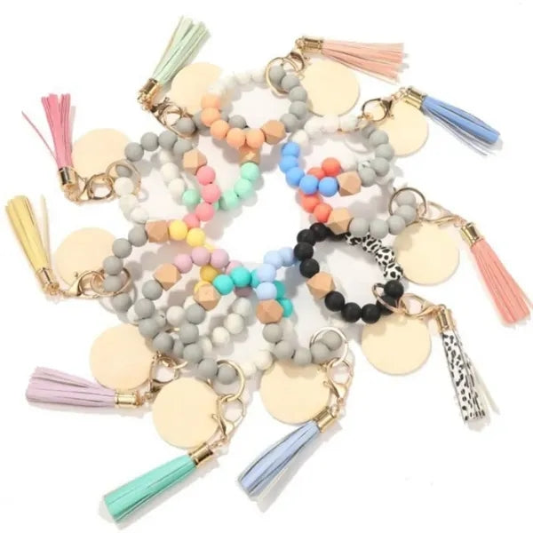 Silicone Bead Bracelet Keychain with Wooden Sign