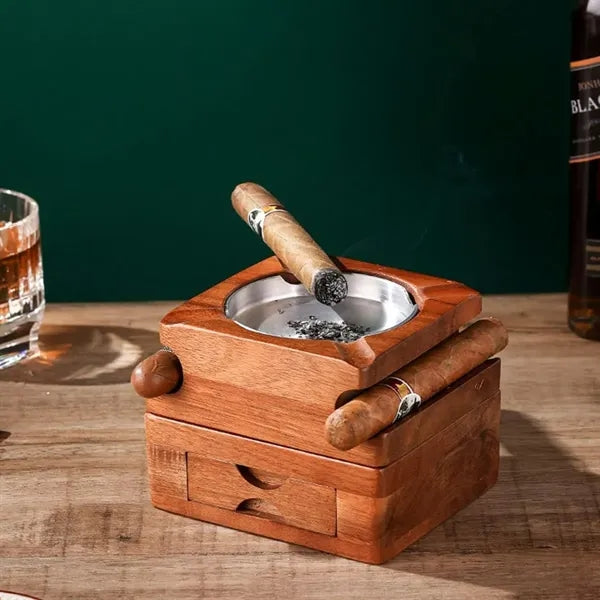 Detachable Wood Cigar Ashtray w/ Whiskey Glass Holder Drawer