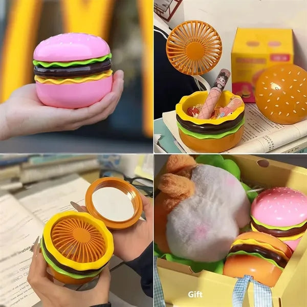 Folding portable rechargeable hamburger desk fan with mirror
