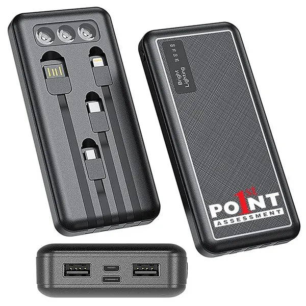 Slim 10000mAh Power Bank with 4 Cables & Light