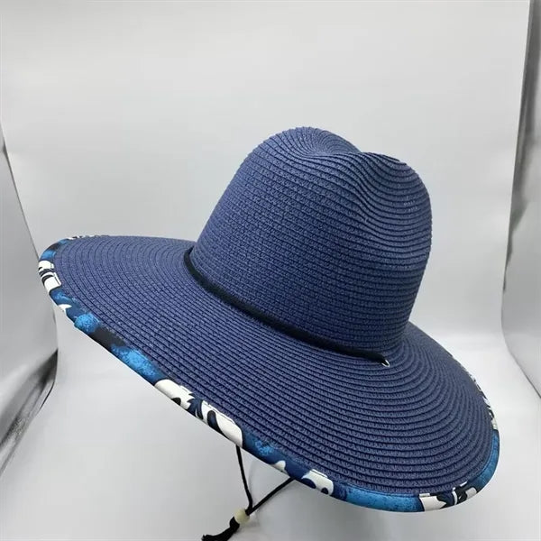 Wide Brim Straw Sun Hat W/ Printed Underbrim and Chin Cord