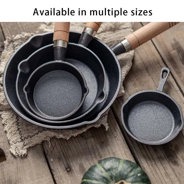Mini kitchen skillet cast iron frying pan with wooden handle