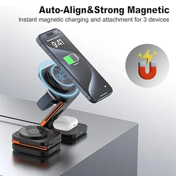 Portable foldable 3-in-1 magnetic wireless charging station