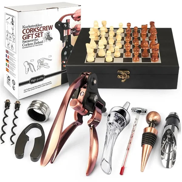 9-Piece Wine Tool and Chess Set Gift Box with Corkscrew