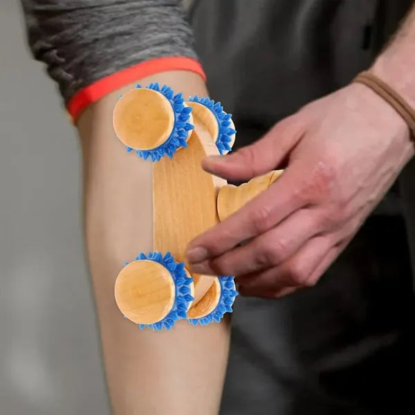 Wooden Handheld Massage Roller with Spiked Wheels