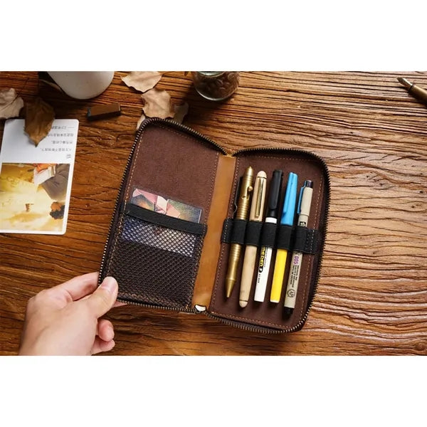 Genuine Leather Zipper Pencil Case Organizer Large Capacity