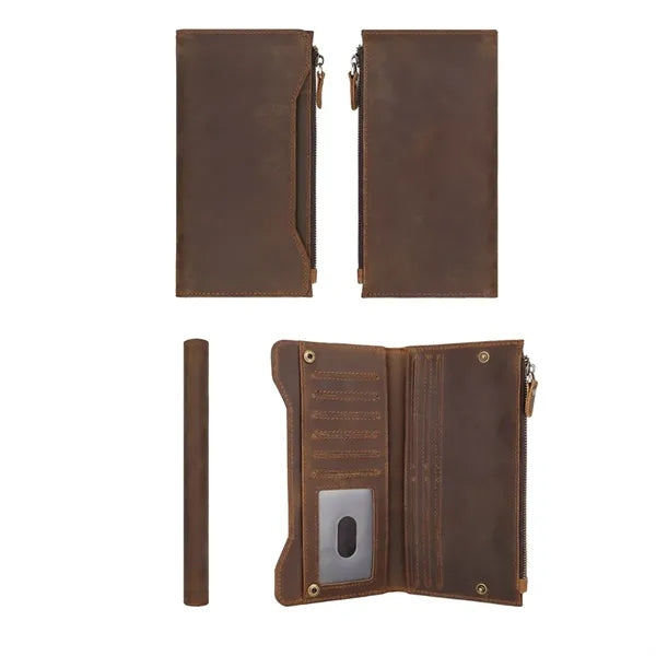 Genuine Leather Zippered Long Bifold RFID Wallet with Snap