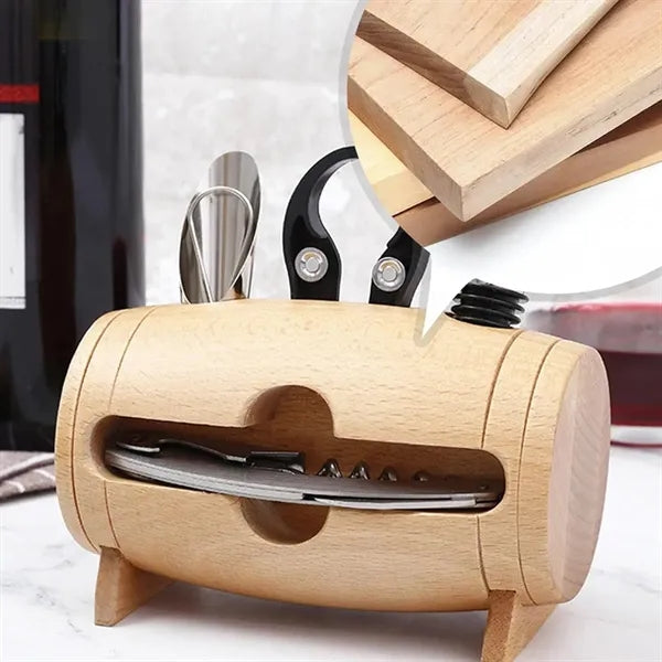 Wooden Barrel Wine Accessory Set with Corkscrew
