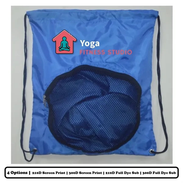 Polyester Drawstring Bag w/ Circular Mesh Pocket w/ Custom