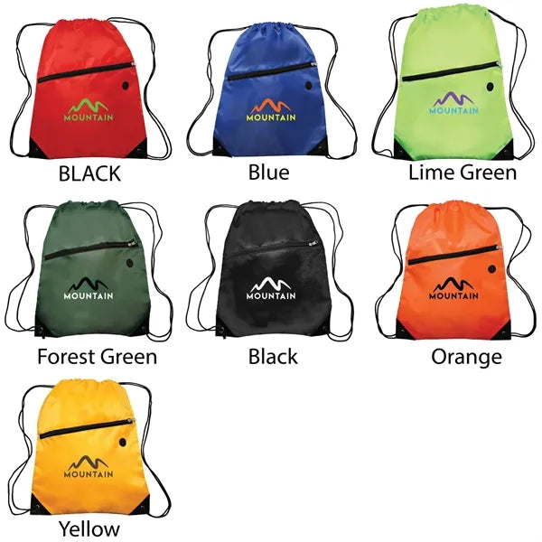 Polyester 210D Drawstring Bag w/ Zippered Pocket - 13.5"W x