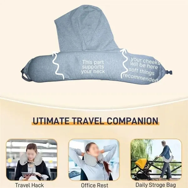 Portable light blocking hooded stuffable travel neck pillow