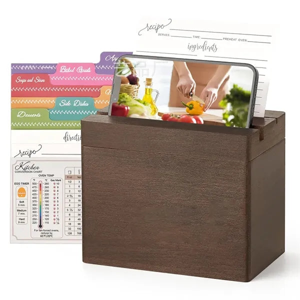 Walnut Wooden Recipe Box with Phone Stand