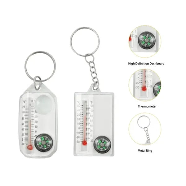 Mini Thermometer Keychain with Compass and Magnifying Glass
