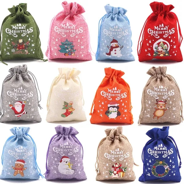 Multi-colored Christmas Linen Bags with Drawstring