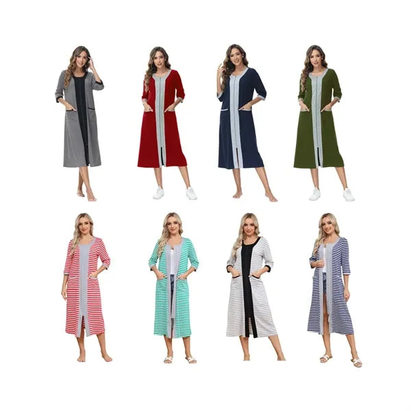Zip Front 7/8 Sleeves Side Pockets Cotton Blend Nightgown